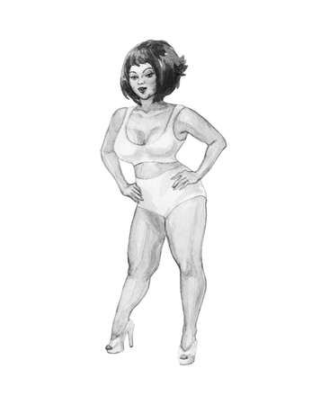 Painting portrait of attractive european woman. Watercolor body positive illustration. Hand drawn smiling ladyの写真素材