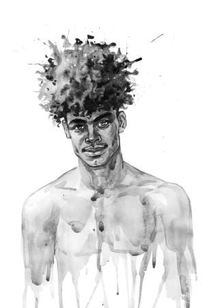 Watercolor handsome african man. Painting fashion illustration. Hand drawn portrait of muscular sexy guy on white backgroundの写真素材