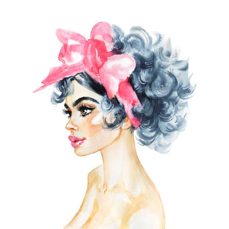 Watercolor beauty young woman. Hand drawn portrait of girl in pin up style. Painting fashion illustration on white backgroundの写真素材