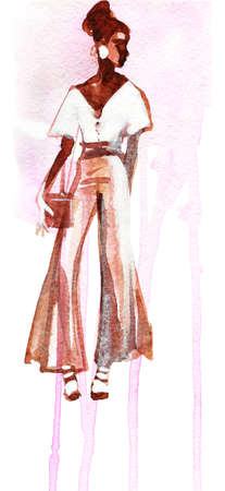 Watercolor beauty african woman. Painting fashion illustration. Hand drawn sketching portrait of pretty girl on white backgroundの写真素材