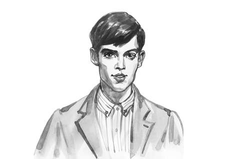 Watercolor handsome young man. Painting monochrome portrait of boy. Hand drawn fashion illustration on white backgroundの写真素材