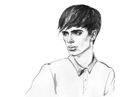Watercolor handsome young man. Hand drawn monochrome portrait of boy. Sketching fashion illustration on white backgroundの写真素材
