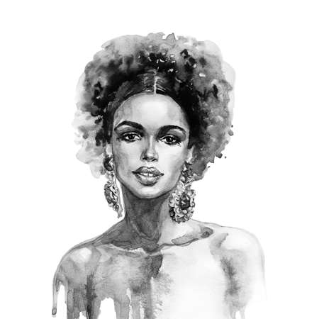 Watercolor beauty african woman. Painting fashion illustration. Hand drawn portrait of pretty girl on white backgroundの写真素材