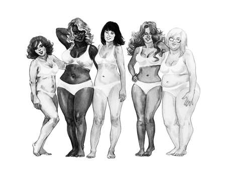Painting group of attractive international women. Hand drawnbody positive illustration. Watercolor smiling ladiesの写真素材