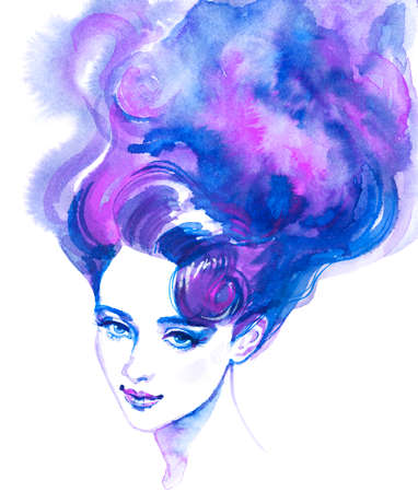Watercolor beauty young woman. Hand drawn portrait of girl with long blue hair. Painting fashion illustration on white backgroundの写真素材