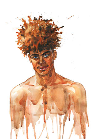 Watercolor handsome african man. Painting fashion illustration. Hand drawn portrait of muscular sexy guy on white backgroundの写真素材