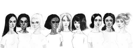 Watercolor portrait of asian, indian, african and european young women. Painting fashion and...