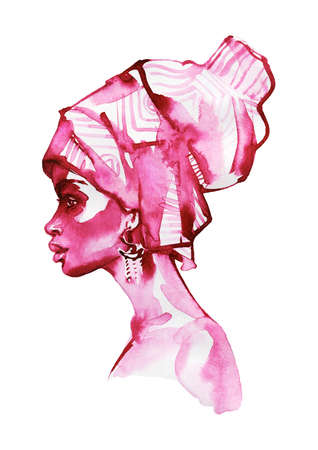 Watercolor beauty african woman. Painting monochrome fashion illustration. Hand drawn portrait of pretty lady on white backgroundの写真素材