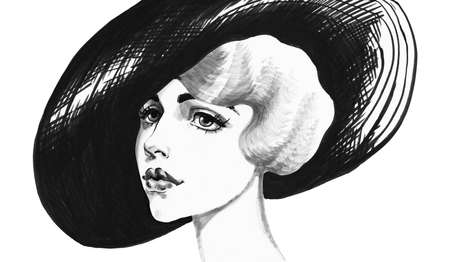 Sketching woman in hat. Hand drawn vintage portrait of lady. Painting fashion illustration on white backgroundの写真素材