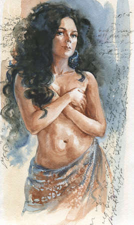 Hand drawn portrait of belly dancer. Watercolor beauty woman. Painting vintage illustrationの写真素材