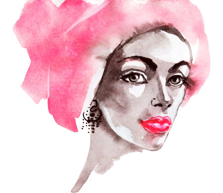 Watercolor beauty young woman. Hand drawn portrait of african girl. Painting fashion illustration on white backgroundの写真素材
