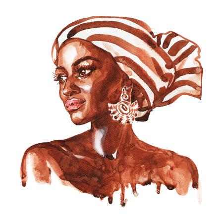 Watercolor beauty african woman. Painting fashion illustration. Hand drawn portrait of pretty girl on white backgroundの写真素材