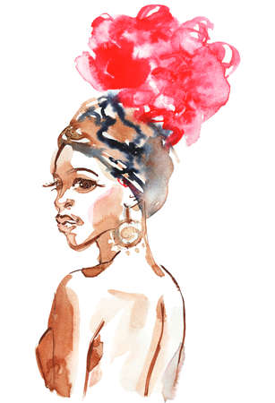 Watercolor beauty african woman. Painting fashion illustration. Hand drawn portrait of pretty girl on white backgroundの写真素材