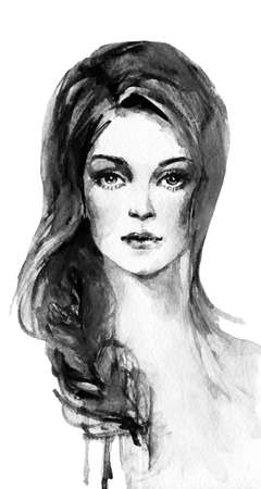 Watercolor portrait of young woman. Hand drawn beautiful lady Painting monochrome illustration in fashion styleの写真素材