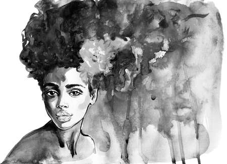 Watercolor beauty african woman. Painting fashion illustration. Hand drawn portrait of pretty girl on white backgroundの写真素材