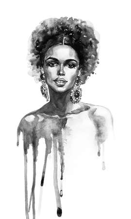 Watercolor beauty african woman. Painting fashion illustration. Hand drawn portrait of pretty girl on white backgroundの写真素材
