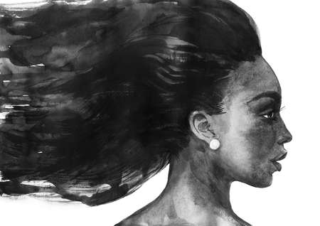 Watercolor beauty african woman. Painting fashion illustration. Hand drawn portrait of pretty lady on white backgroundの写真素材