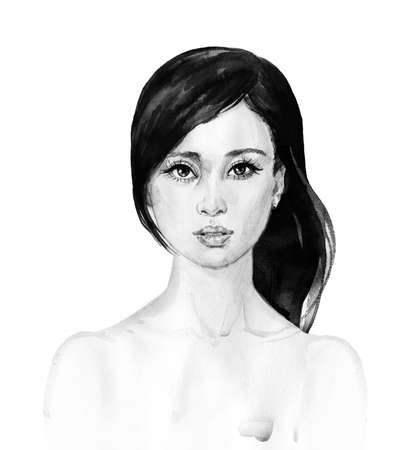 Watercolor asian young woman. Hand drawn portrait of beauty girl. Painting fashion illustration on white backgroundの写真素材