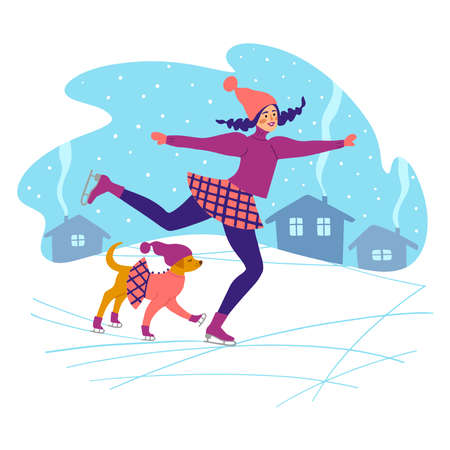 Cute girl walking with dog and cat. Flat winter illustrationのイラスト素材