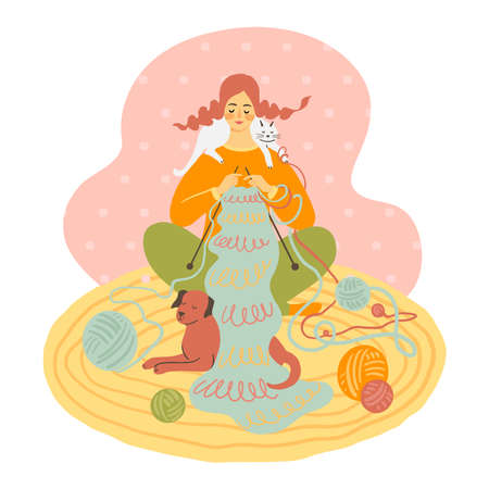 Cute girl knitting with dog and cat. Flat illustrationのイラスト素材