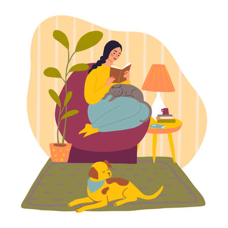 Cute girl spending time with dog and cat. Flat illustrationのイラスト素材