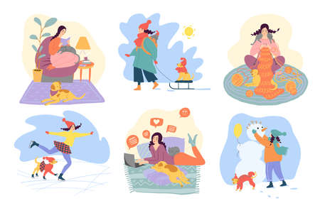 Cute girl spending time with dog and cat. Flat illustrationのイラスト素材
