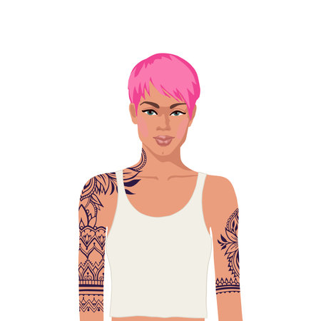 Flat realistic pink head european woman on white backgroundのイラスト素材