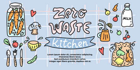 Zero waste Kitchen banner template with place for text. Food storage symbols. Cartoon doodle style illustrationのイラスト素材