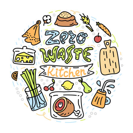 Zero waste circle illustration with objects for kitchenのイラスト素材