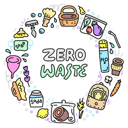 Circle doodle frame with Zero Waste objectsのイラスト素材