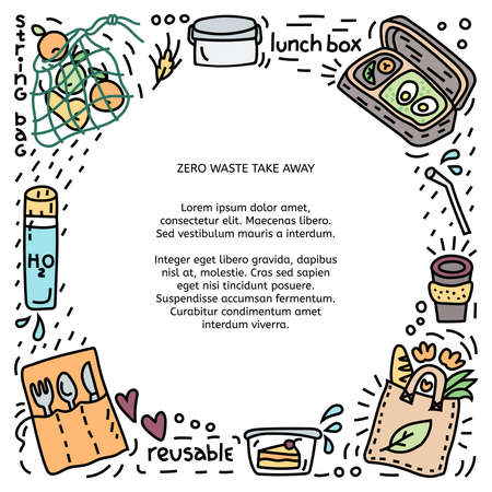 Circle frame with take away symbols. Zero waste concept. Eco natural style banner template with place for textのイラスト素材
