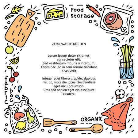 Circle frame with objects for kitchen. Zero waste concept. Eco natural style banner template with place for textのイラスト素材