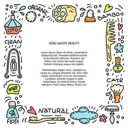 Square frame with hygienics symbols. Zero waste concept. Eco natural style banner template with place for textのイラスト素材
