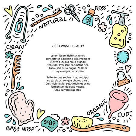 Circle frame with hygienics symbols. Zero waste concept. Eco natural style banner template with place for textのイラスト素材