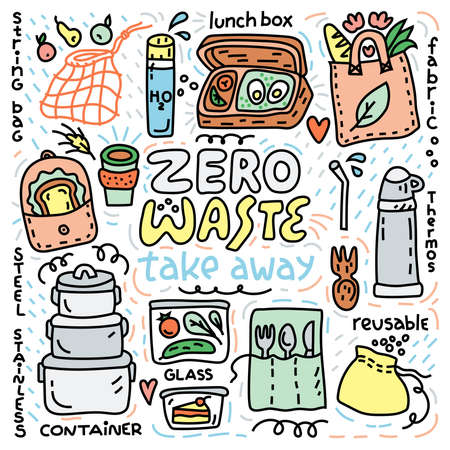 Zero waste illustration, cartoon colorful doodle styleのイラスト素材