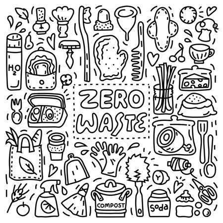 Collection of Zero Waste objects. Black and white doodle style illustration with organic symbols. Eco-friendly lifestyleのイラスト素材