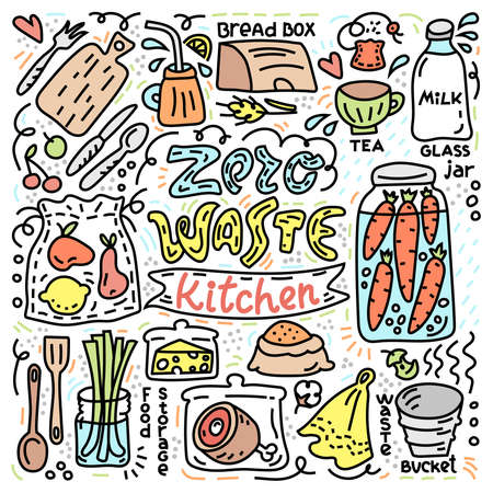Colorful doodle style illustration with reuse objects for kitchen. Zero waste concept. Eco friendly styleのイラスト素材
