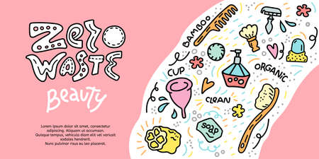 Zero waste cartoon doodle banner, beauty conceptのイラスト素材