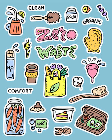 Zero waste set, hand drawn doodle stickersのイラスト素材
