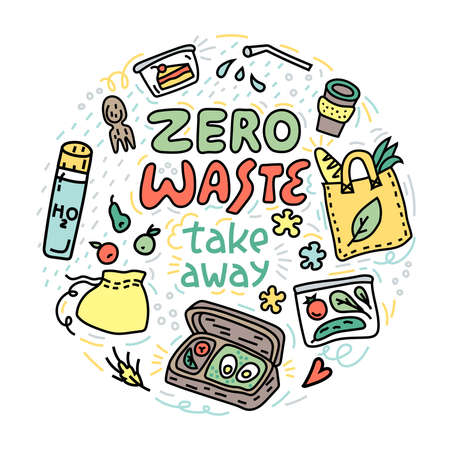 Zero waste illustration with take away objects, circle templateのイラスト素材