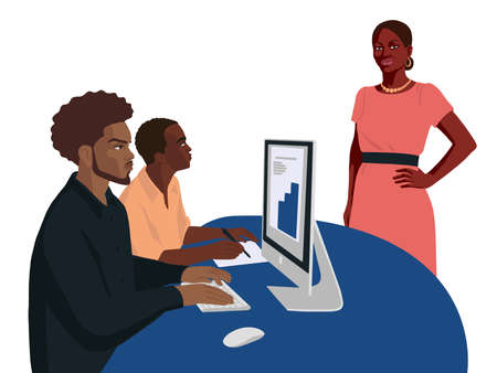 Flat hand drawn people in the office, young african lady boss, business portraitのイラスト素材