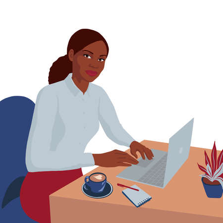 Flat hand drawn smiling young african business lady with laptop, female portraitのイラスト素材