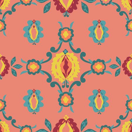Seamless pattern with vulva and floral ornament, flat illustration