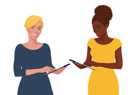 Flat hand drawn african and european business women, female portraitのイラスト素材