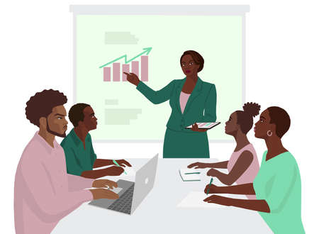 Flat hand drawn young african business people in the office, realistic group portrait on white background.のイラスト素材