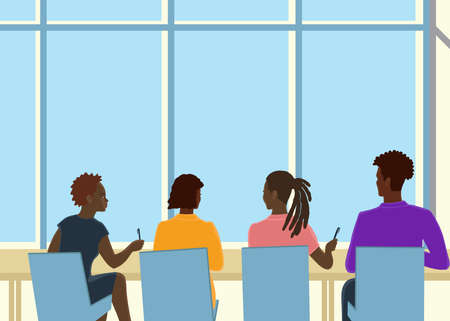 Flat hand drawn african people in the office, coworking concept, business group.のイラスト素材