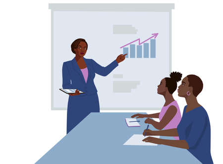 Flat hand drawn young african business women, teamwork, female group portraitのイラスト素材