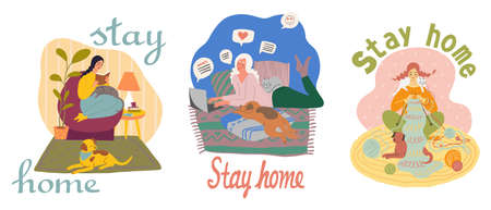 Cute girl spending at home. Stay home, quarantine concept. Flat illustrationのイラスト素材