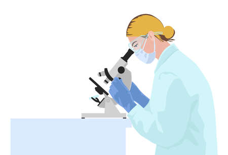 European woman scientist analyzes results in the microscope. Chemistry laboratory.のイラスト素材