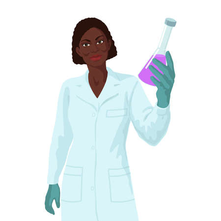 African woman scientist holding a sample of liquid. Vaccine research concept.の写真素材